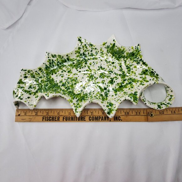 VTG Ceramic Holly Leaf-Shaped serving Tray Green White Splatter 1970's MCM - Picture 5 of 12
